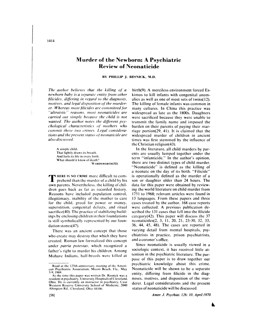 Murder of the Newborn: a Psychiatric Review of Neonaticide