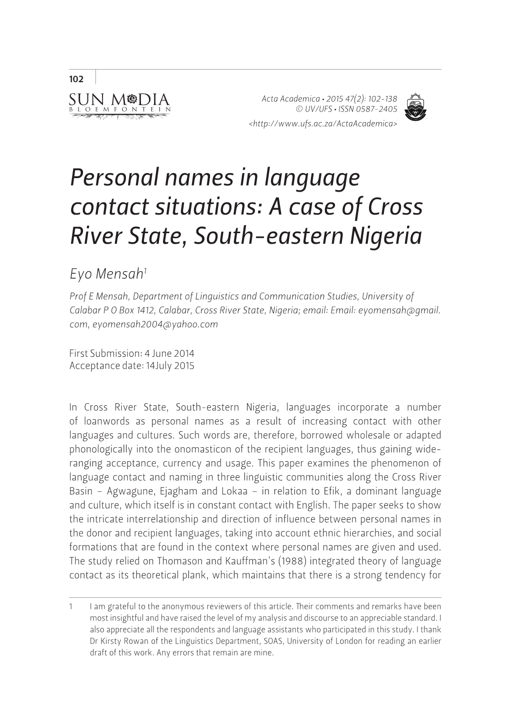 Personal Names in Language Contact Situations: a Case of Cross River State, South-Eastern Nigeria