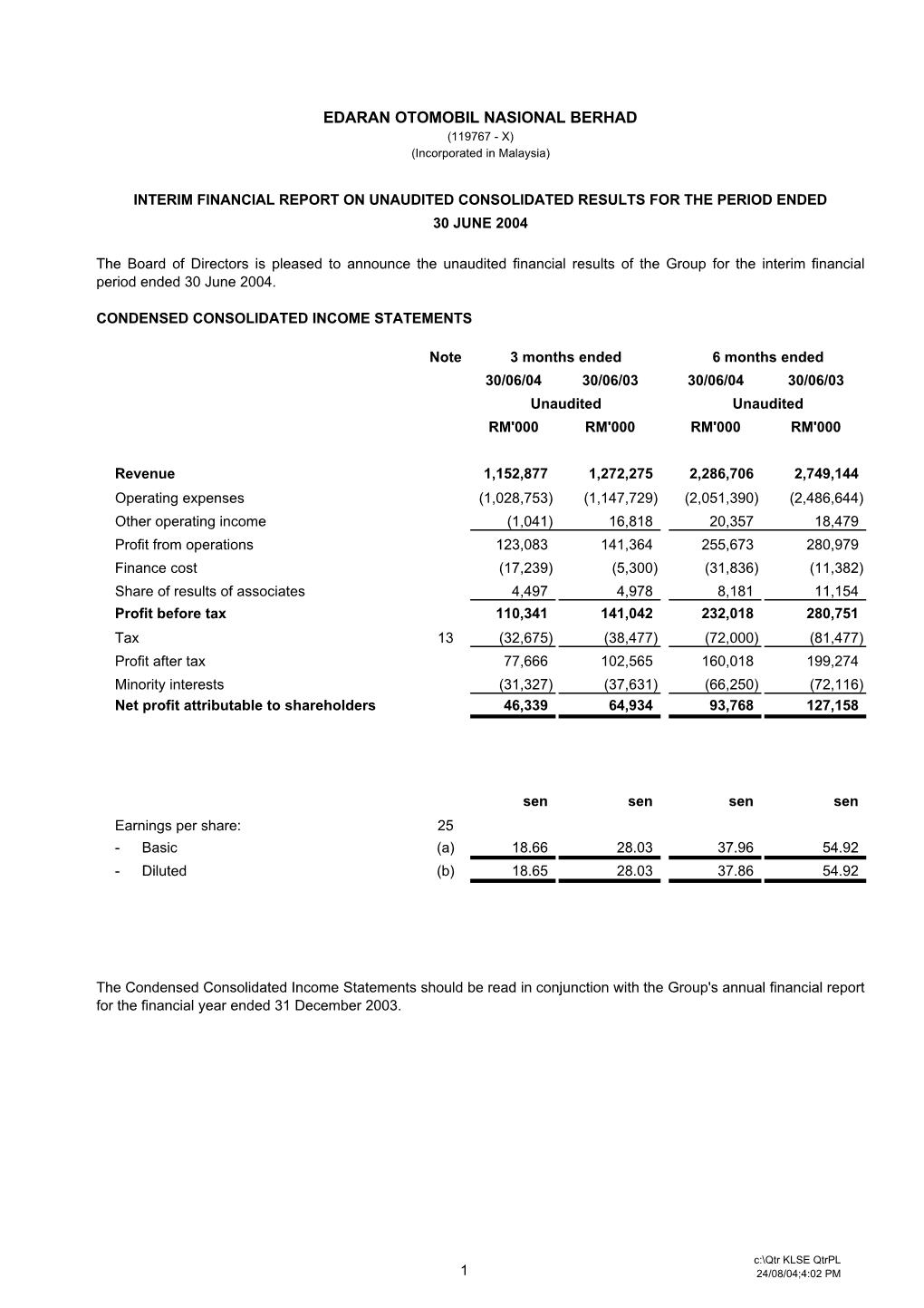 EDARAN OTOMOBIL NASIONAL BERHAD (119767 - X) (Incorporated in Malaysia)