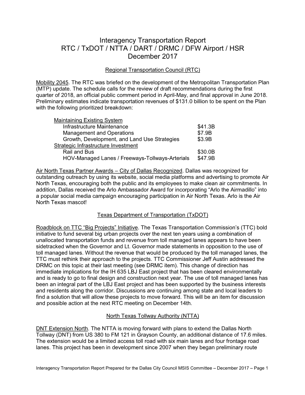 Interagency Transportation Report RTC / Txdot / NTTA / DART / DRMC / DFW Airport / HSR December 2017