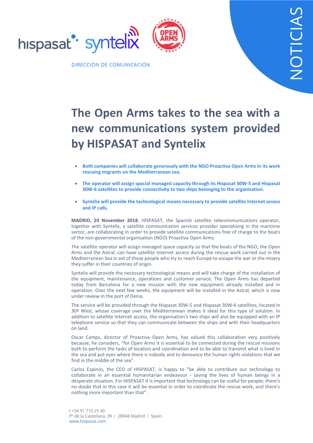 The Open Arms Takes to the Sea with a New Communications System Provided by HISPASAT and Syntelix