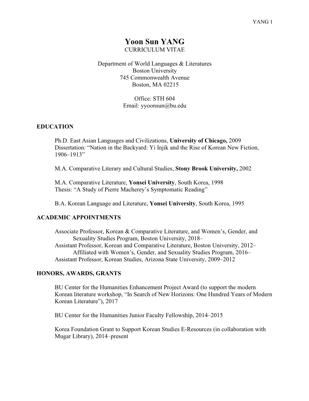 Yoon Sun Yang's CV