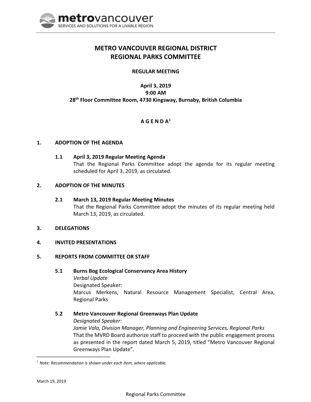 Regional Parks Committee Agenda April 3, 2019