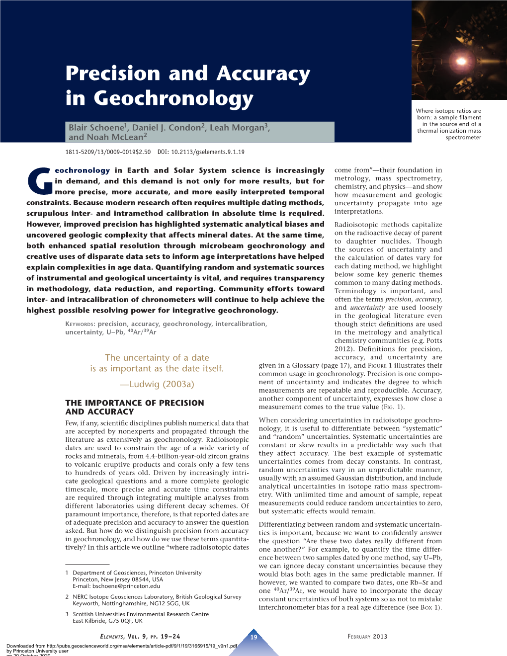 Precision and Accuracy in Geochronology Where Isotope Ratios Are Born: a Sample ﬁ Lament 1 2 3 in the Source End of a Blair Schoene , Daniel J