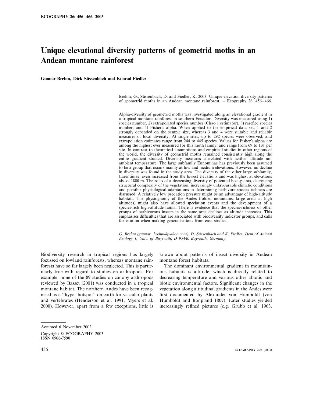 Unique Elevational Diversity Patterns of Geometrid Moths in an Andean Montane Rainforest