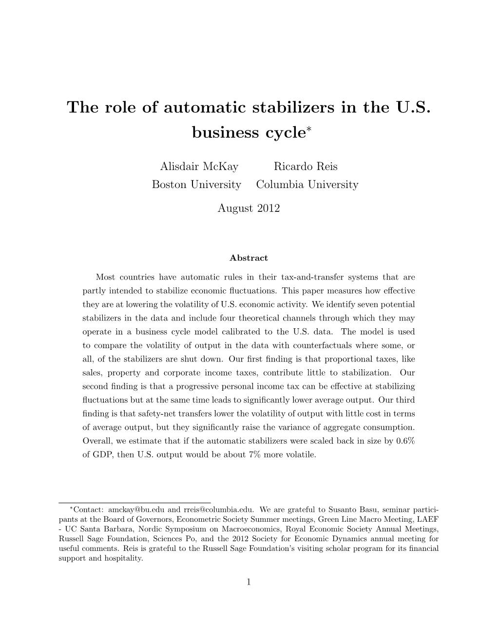 The Role of Automatic Stabilizers in the U.S. Business Cycle∗