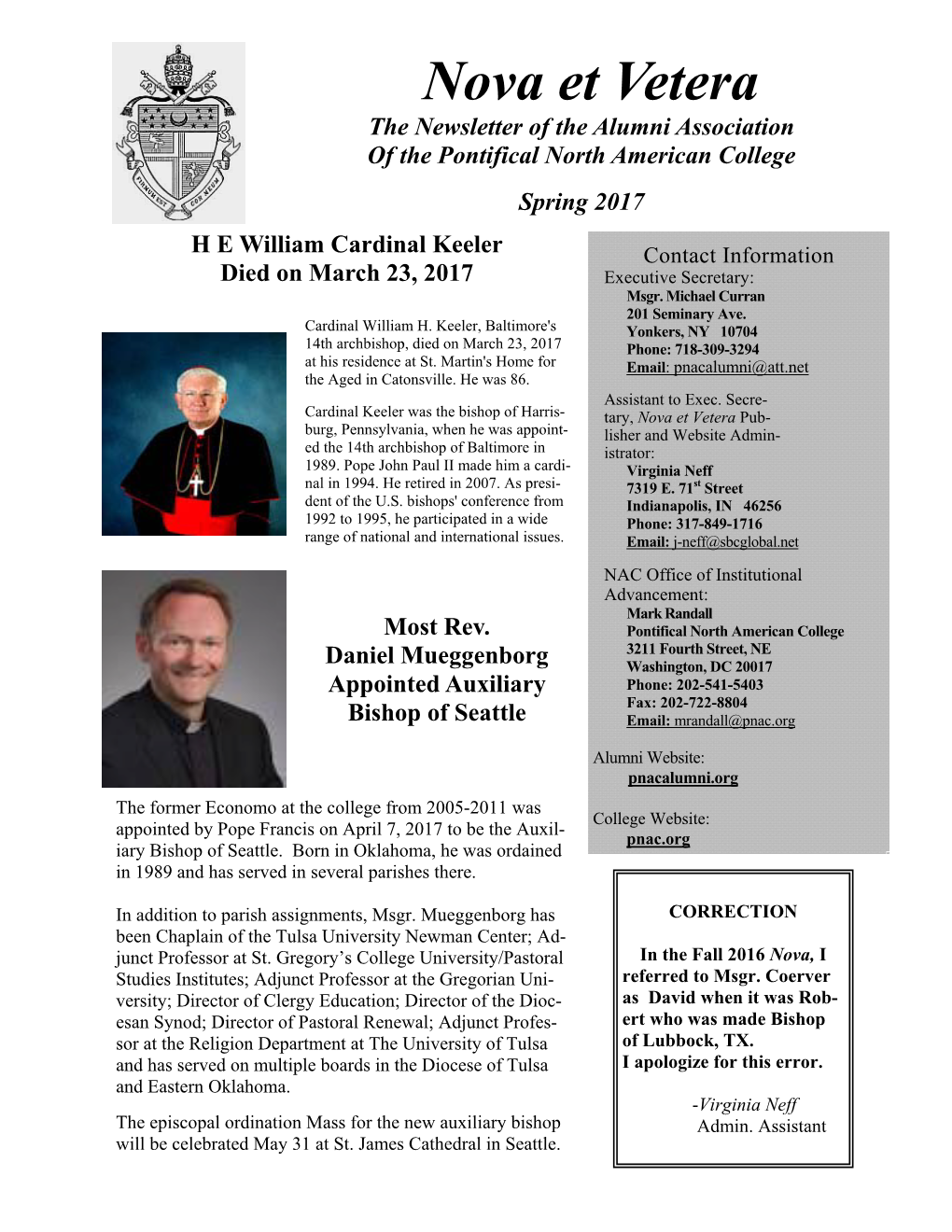 Nova Et Vetera the Newsletter of the Alumni Association of the Pontifical North American College