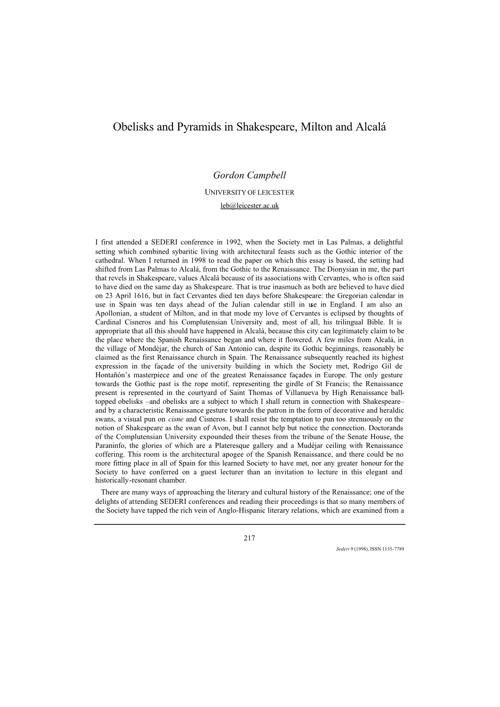 Obelisks and Pyramids in Shakespeare, Milton and Alcalá