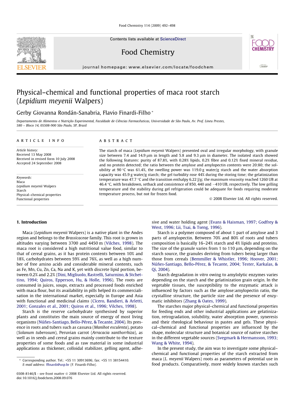 Physical–Chemical and Functional Properties of Maca Root Starch (Lepidium Meyenii Walpers)