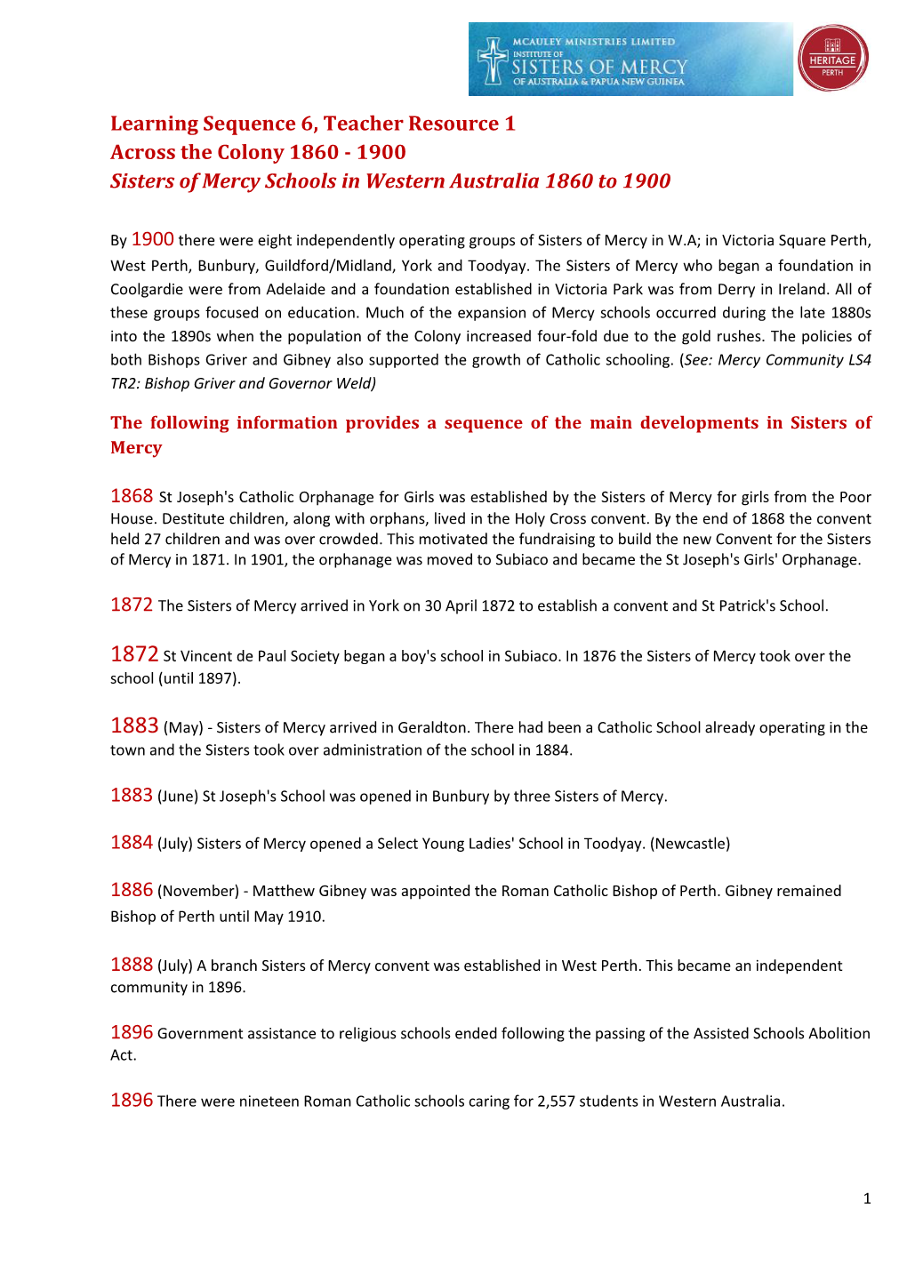 1900 Sisters of Mercy Schools in Western Australia 1860 to 1900