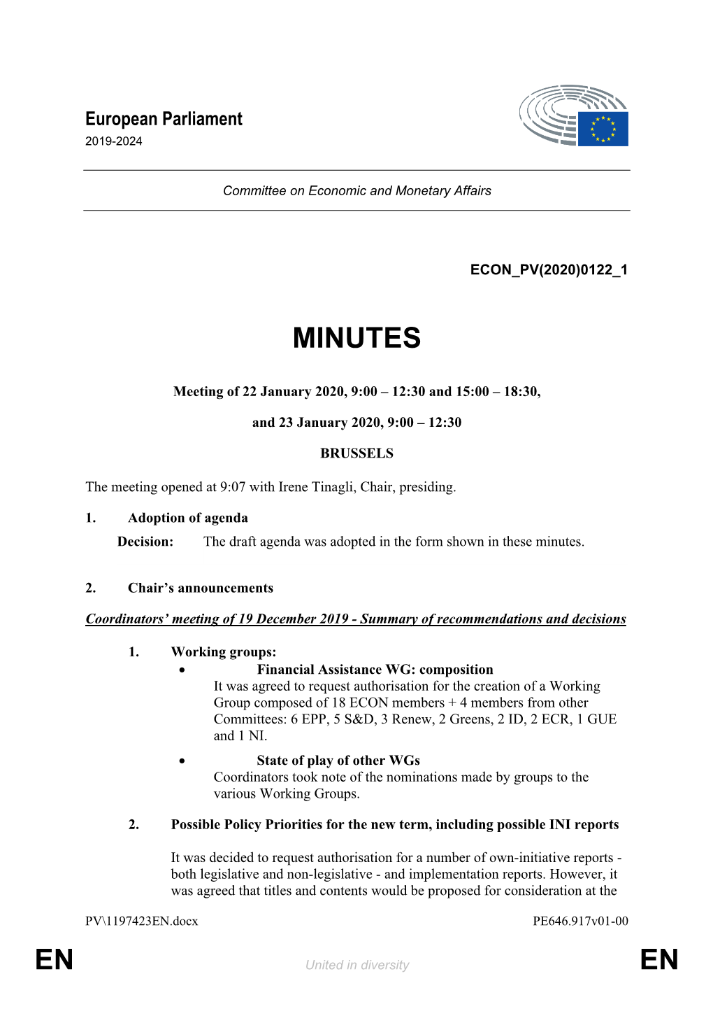 Minutes of the Meeting of 22 January 2020, 9:00