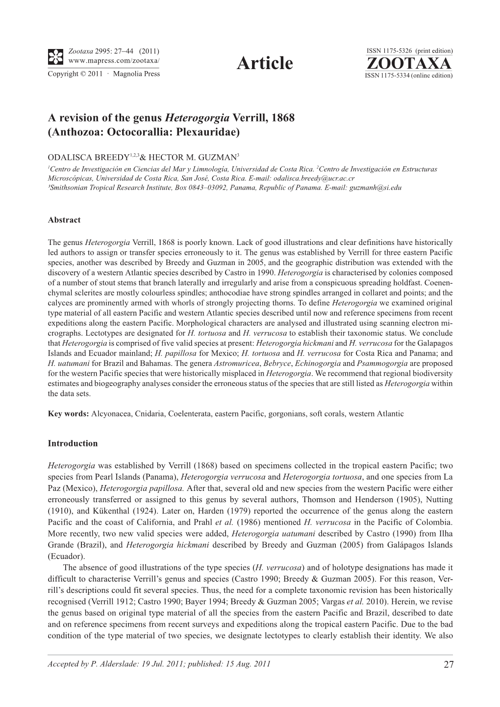 A Revision of the Genus Heterogorgia Verrill, 1868 (Anthozoa: Octocorallia: Plexauridae)