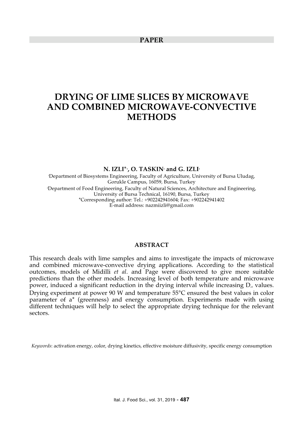 Drying of Lime Slices by Microwave and Combined Microwave-Convective Methods