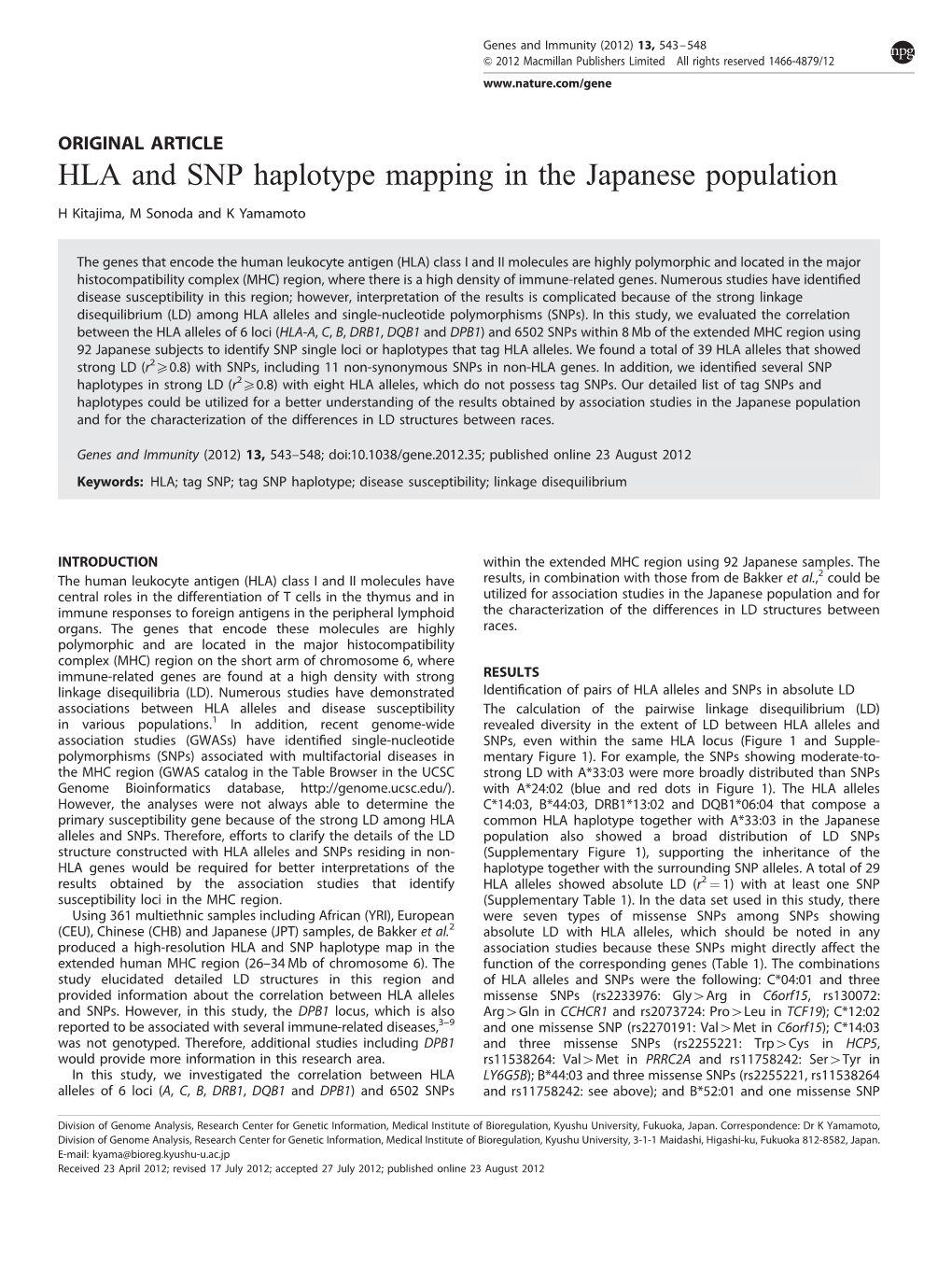 HLA and SNP Haplotype Mapping in the Japanese Population