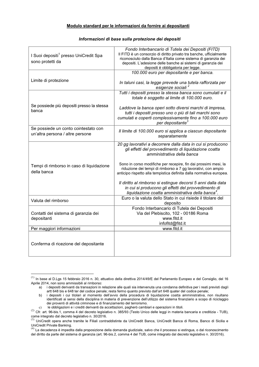 Modulo Standard Per Le Informazioni Da Fornire Ai Depositanti