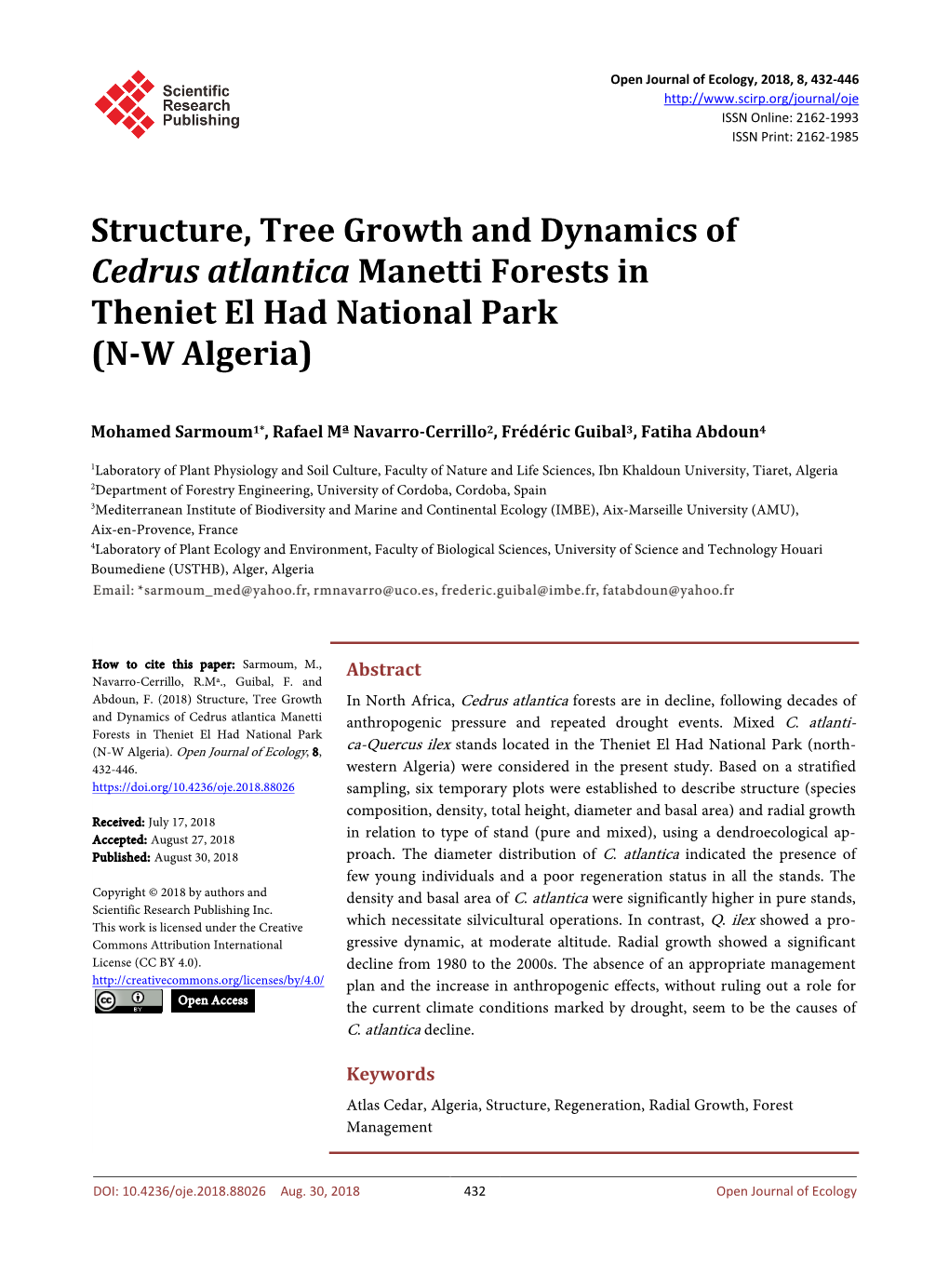 Structure, Tree Growth and Dynamics of Cedrus Atlantica Manetti Forests in Theniet El Had National Park (N-W Algeria)