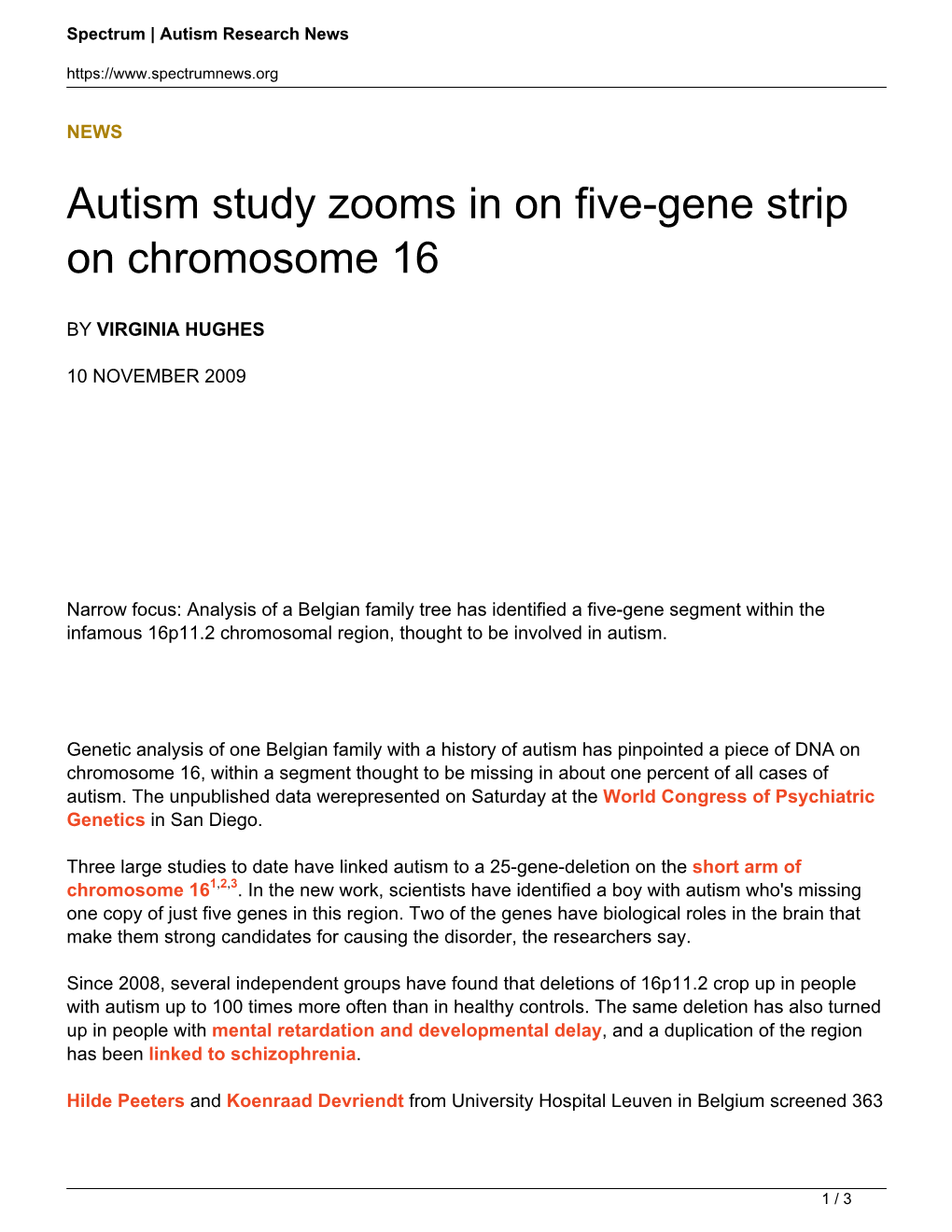 Autism Study Zooms in on Five-Gene Strip on Chromosome 16