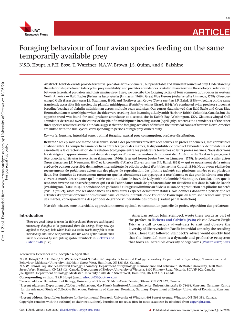 Foraging Behaviour of Four Avian Species Feeding on the Same Temporarily Available Prey N.S.B