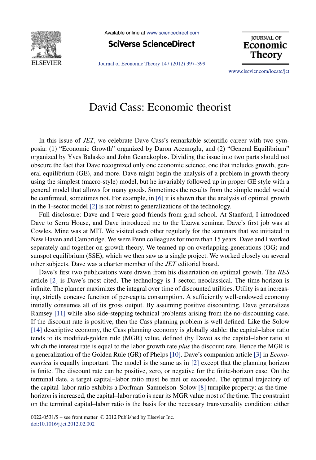 David Cass: Economic Theorist