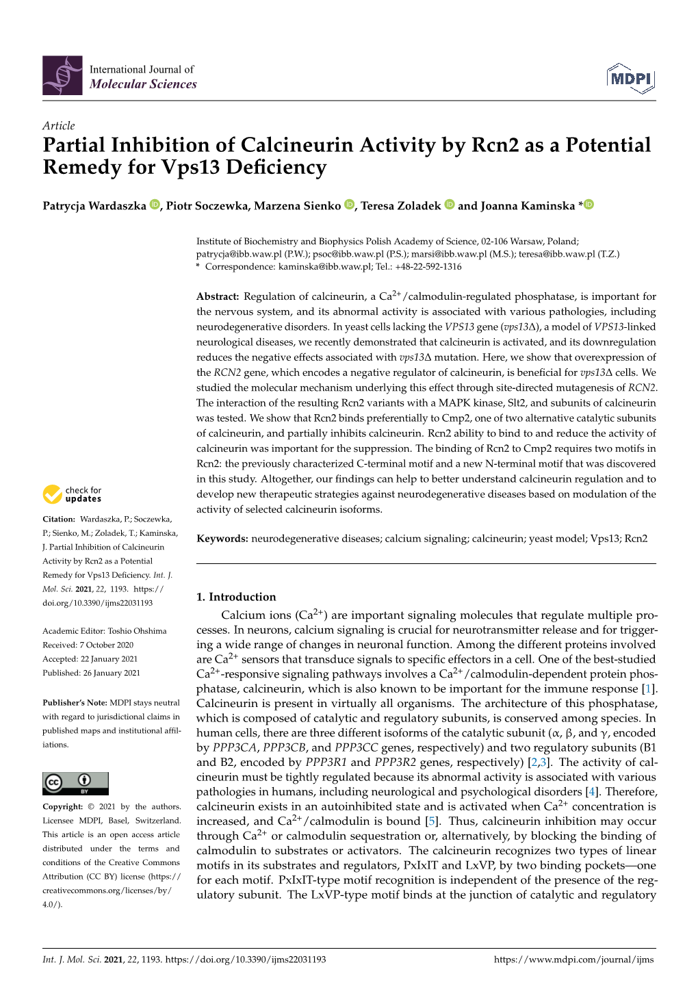 Partial Inhibition of Calcineurin Activity by Rcn2 As a Potential Remedy for Vps13 Deﬁciency