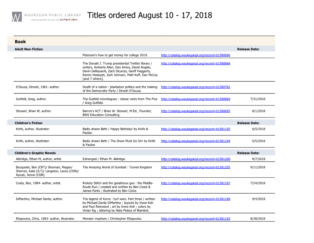 Titles Ordered August 10 - 17, 2018