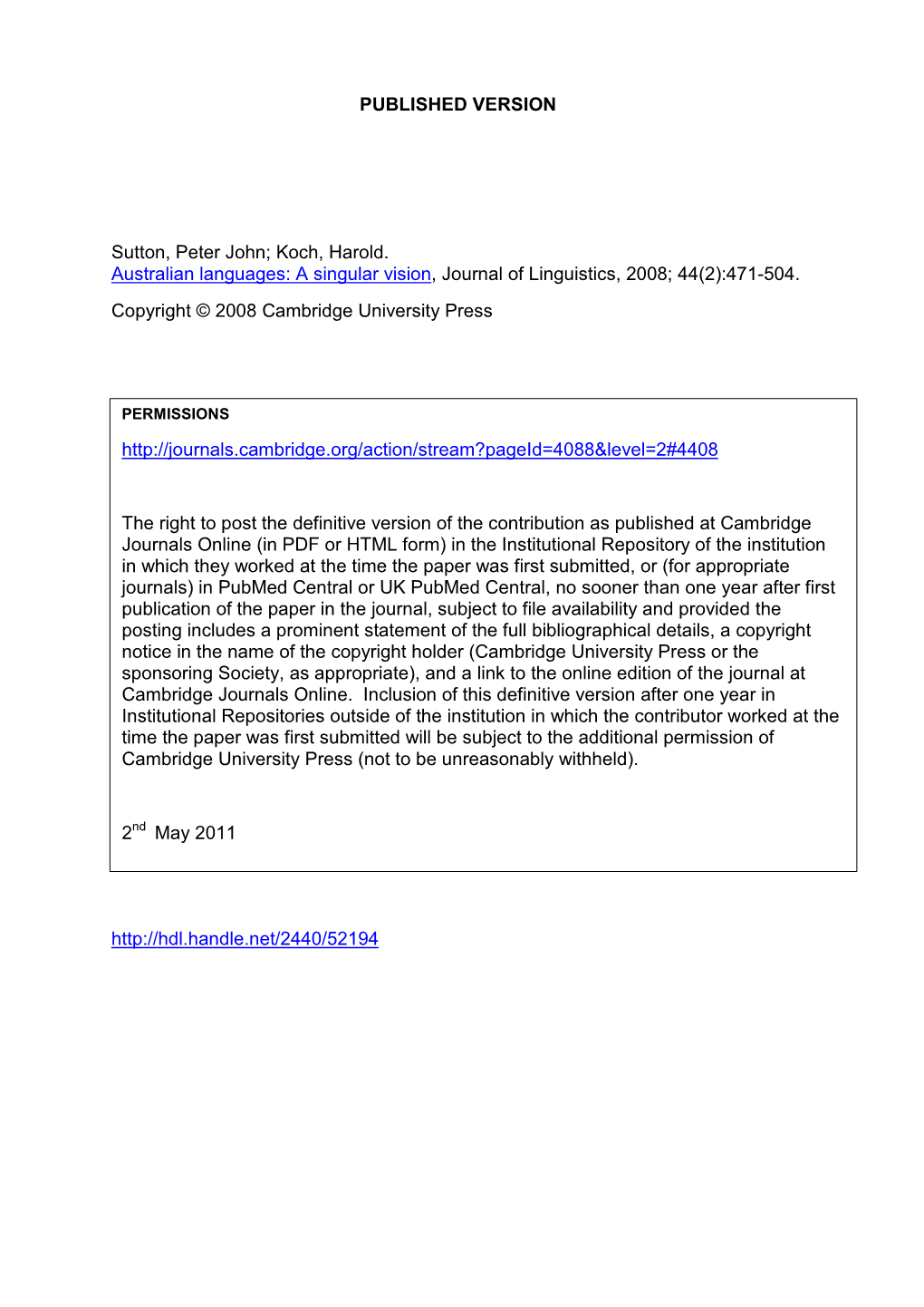 Australian Languages: a Singular Vision, Journal of Linguistics, 2008; 44(2):471-504