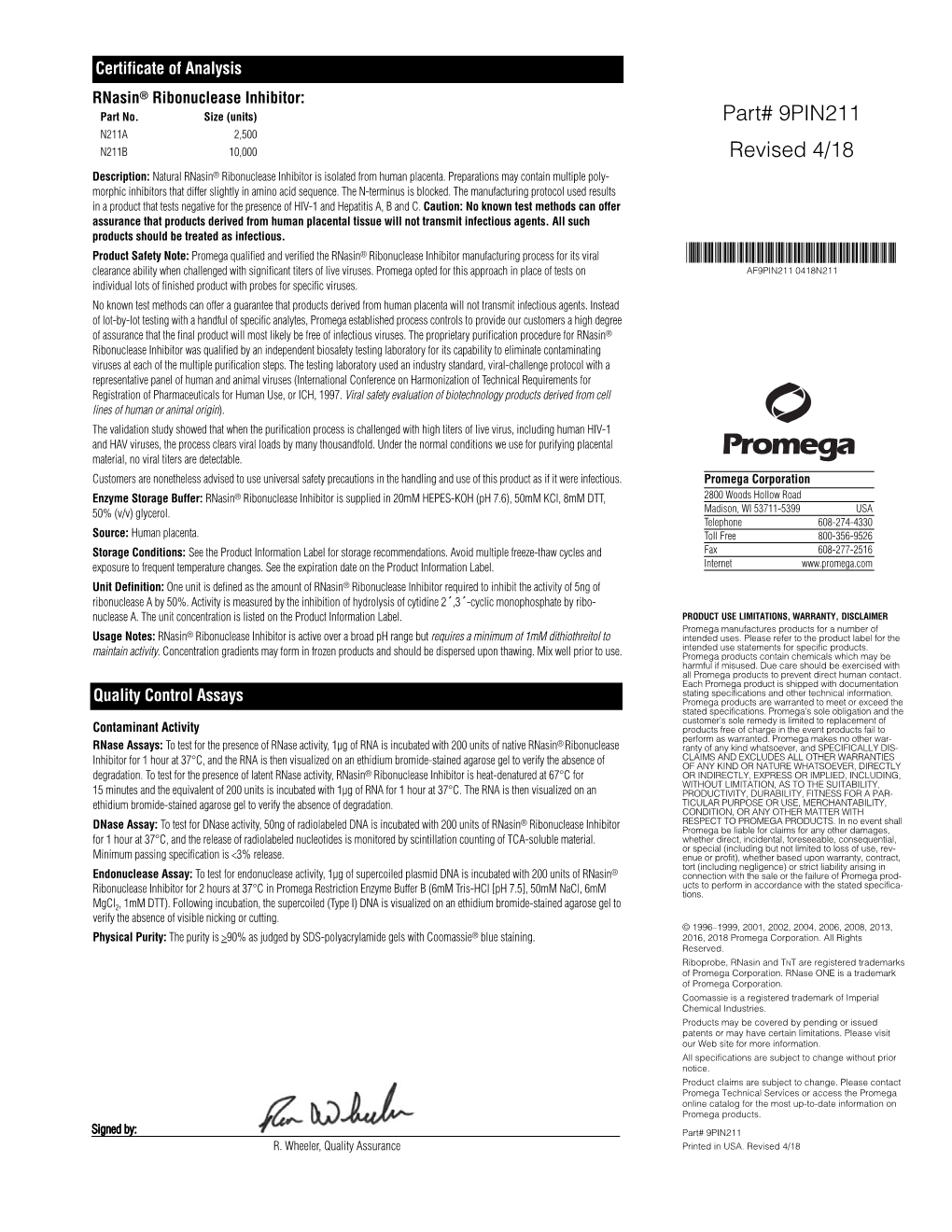 Rnasin(R) Ribonuclease Inhibitor Certificate of Analysis 9PIN211