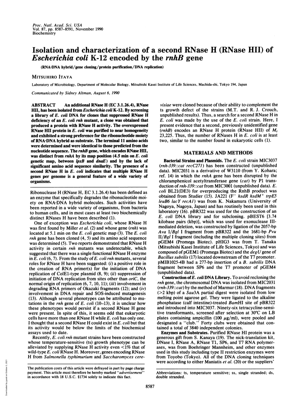 Isolation and Characterization of a Second Rnase H (Rnase HII) Of