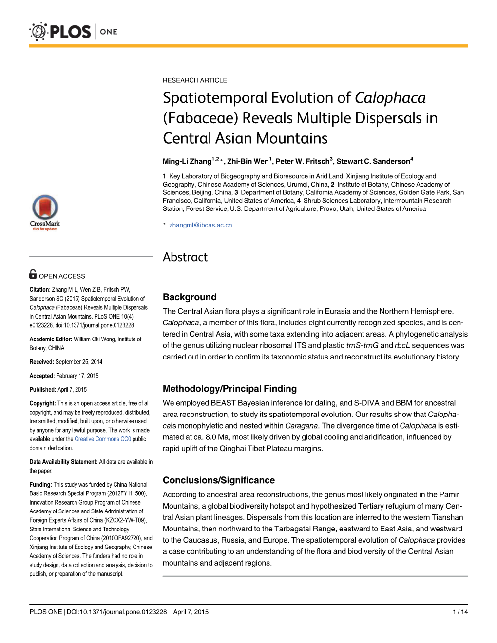 Spatiotemporal Evolution of Calophaca (Fabaceae) Reveals Multiple Dispersals in Central Asian Mountains