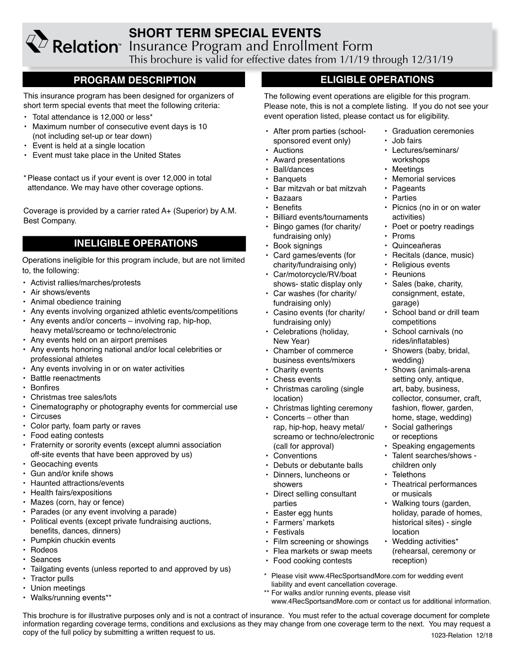 Insurance Program and Enrollment Form This Brochure Is Valid for Effective Dates from 1/1/19 Through 12/31/19