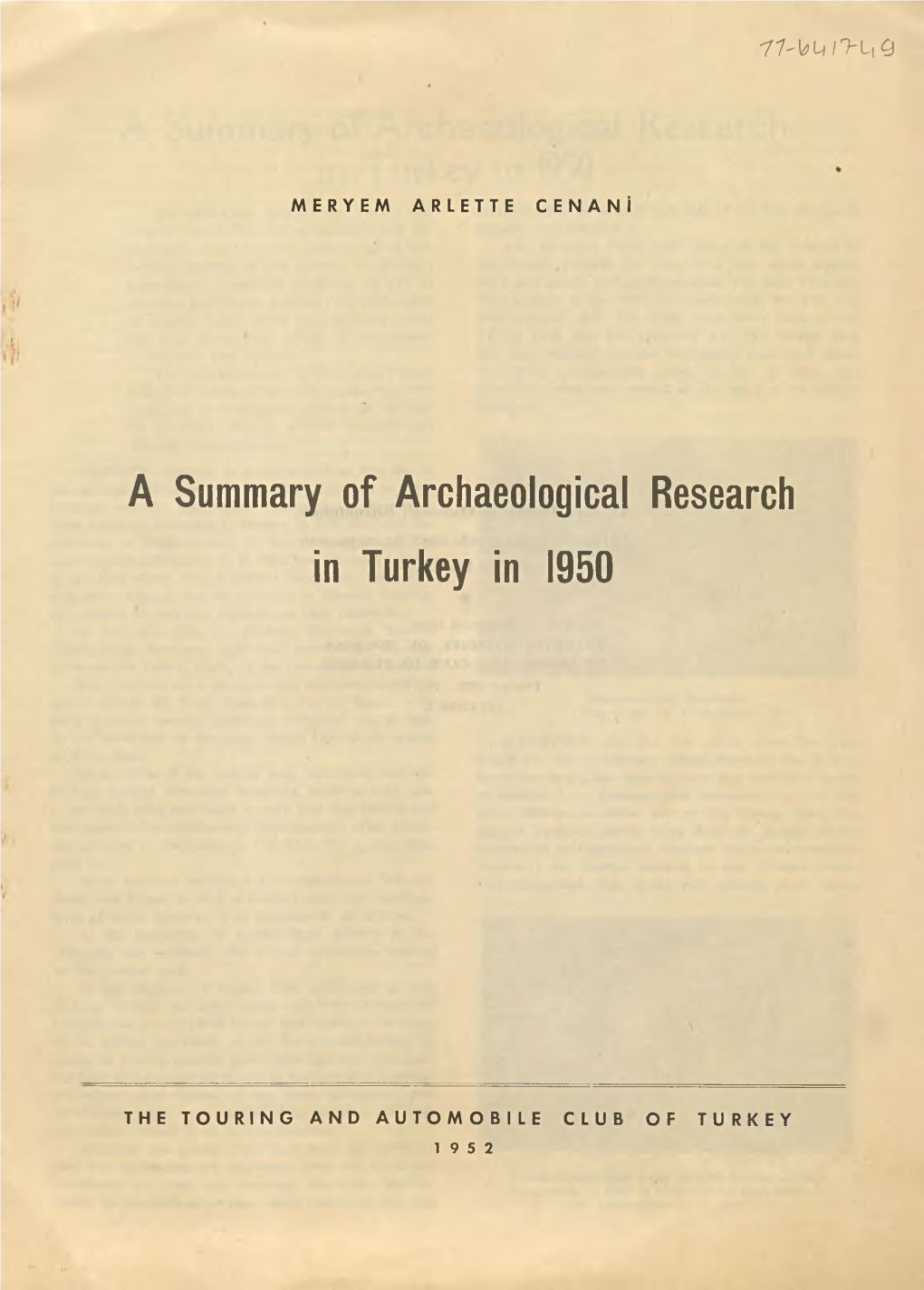 A Summary of Archaeological Research in Turkey in 1950