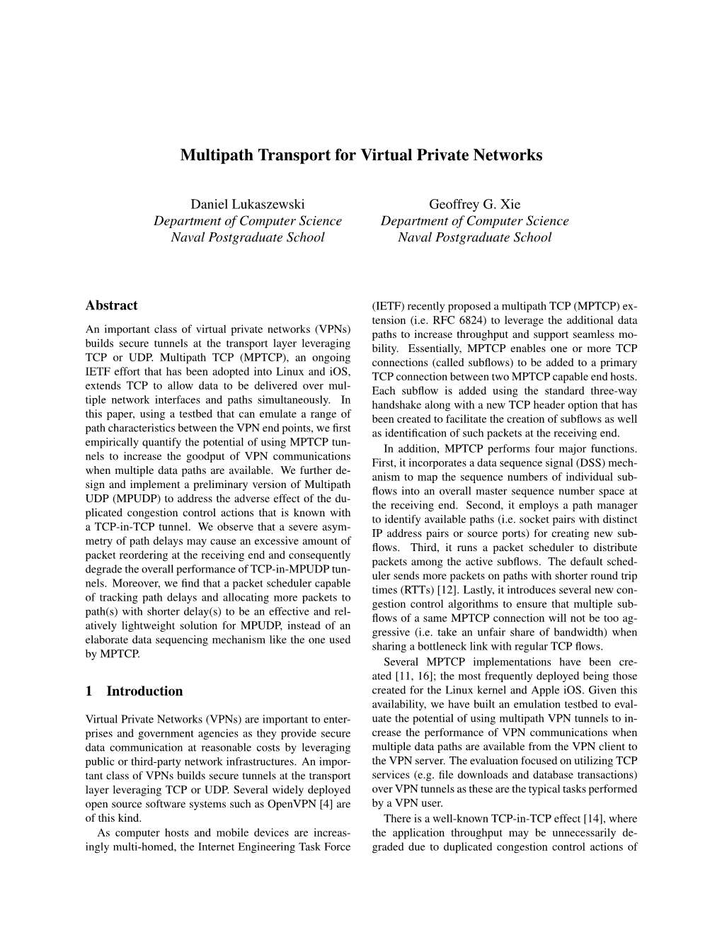 Multipath Transport for Virtual Private Networks