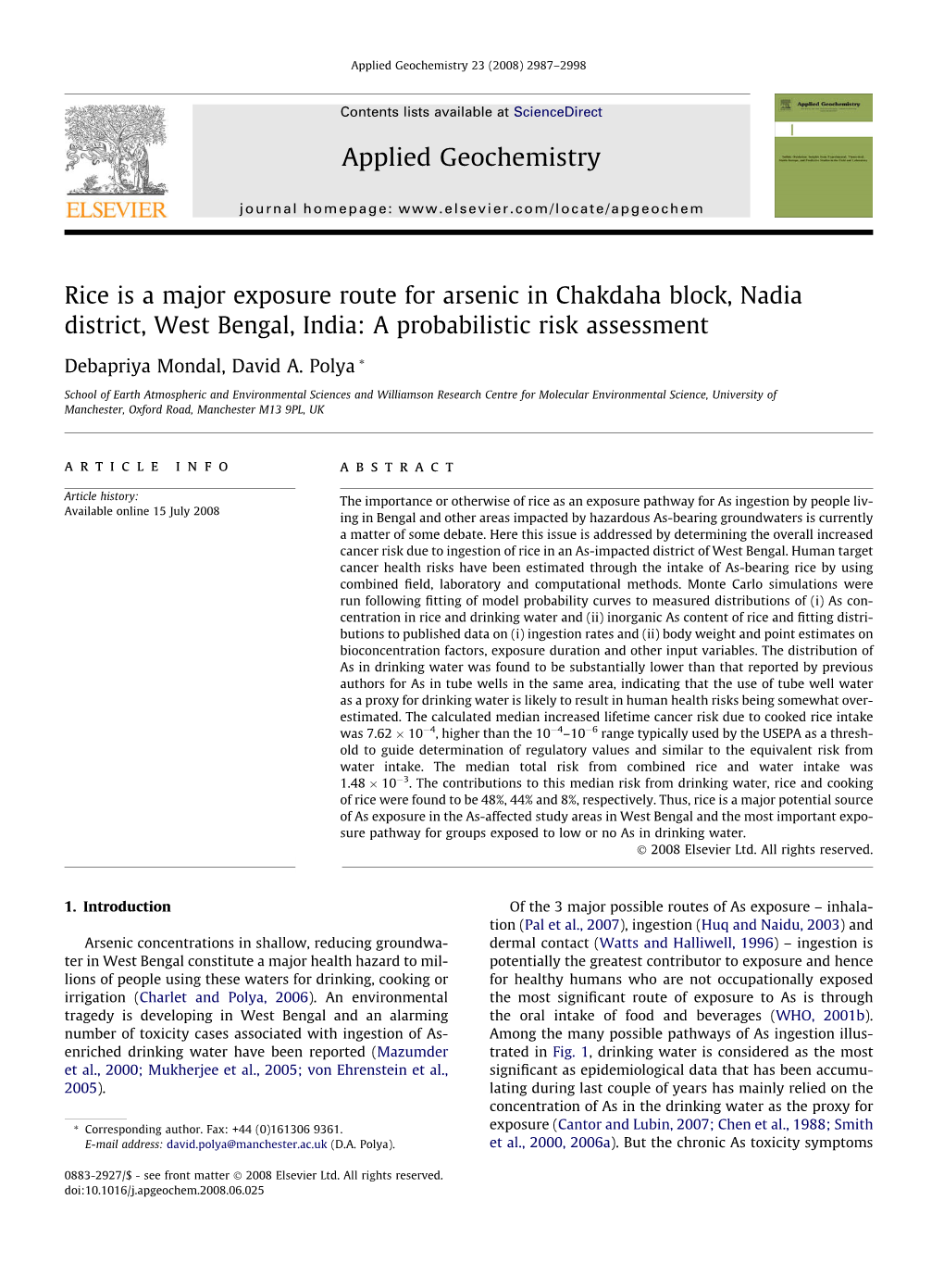 Rice Is a Major Exposure Route for Arsenic in Chakdaha Block, Nadia District, West Bengal, India: a Probabilistic Risk Assessment