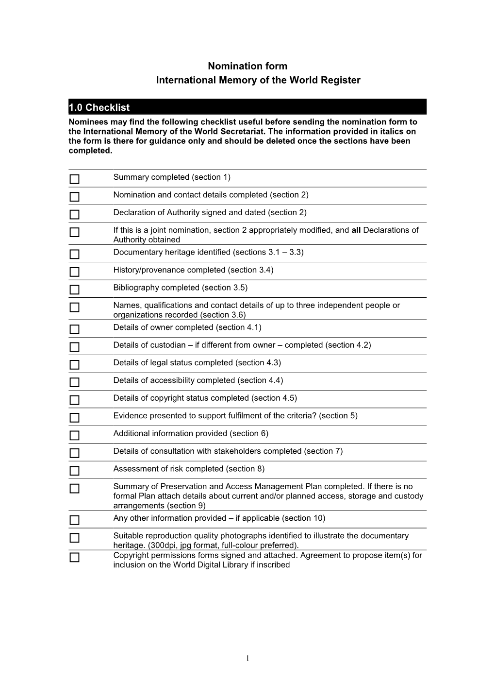 Nomination Form International Memory of the World Register