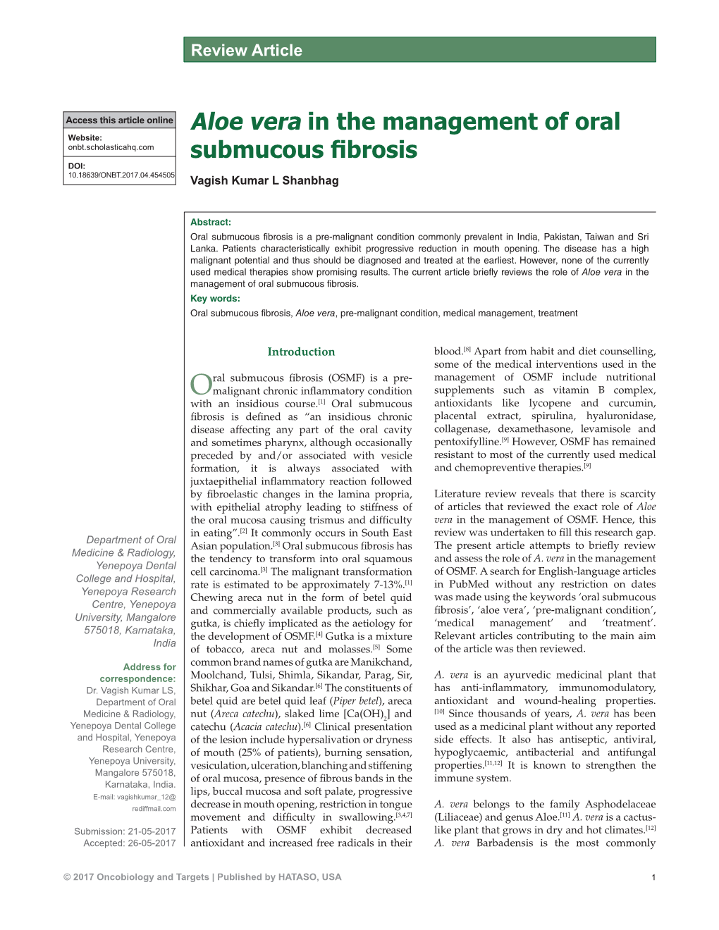 Aloe Vera in the Management of Oral Submucous Fibrosis