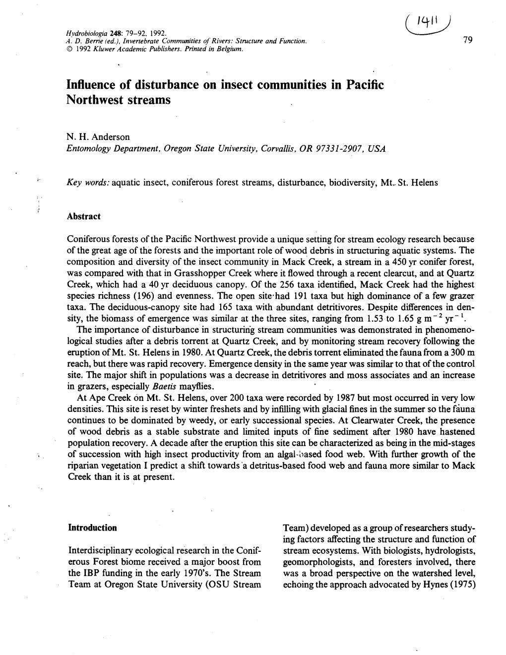 Influence of Disturbance on Insect Communities in Pacific Northwest Streams