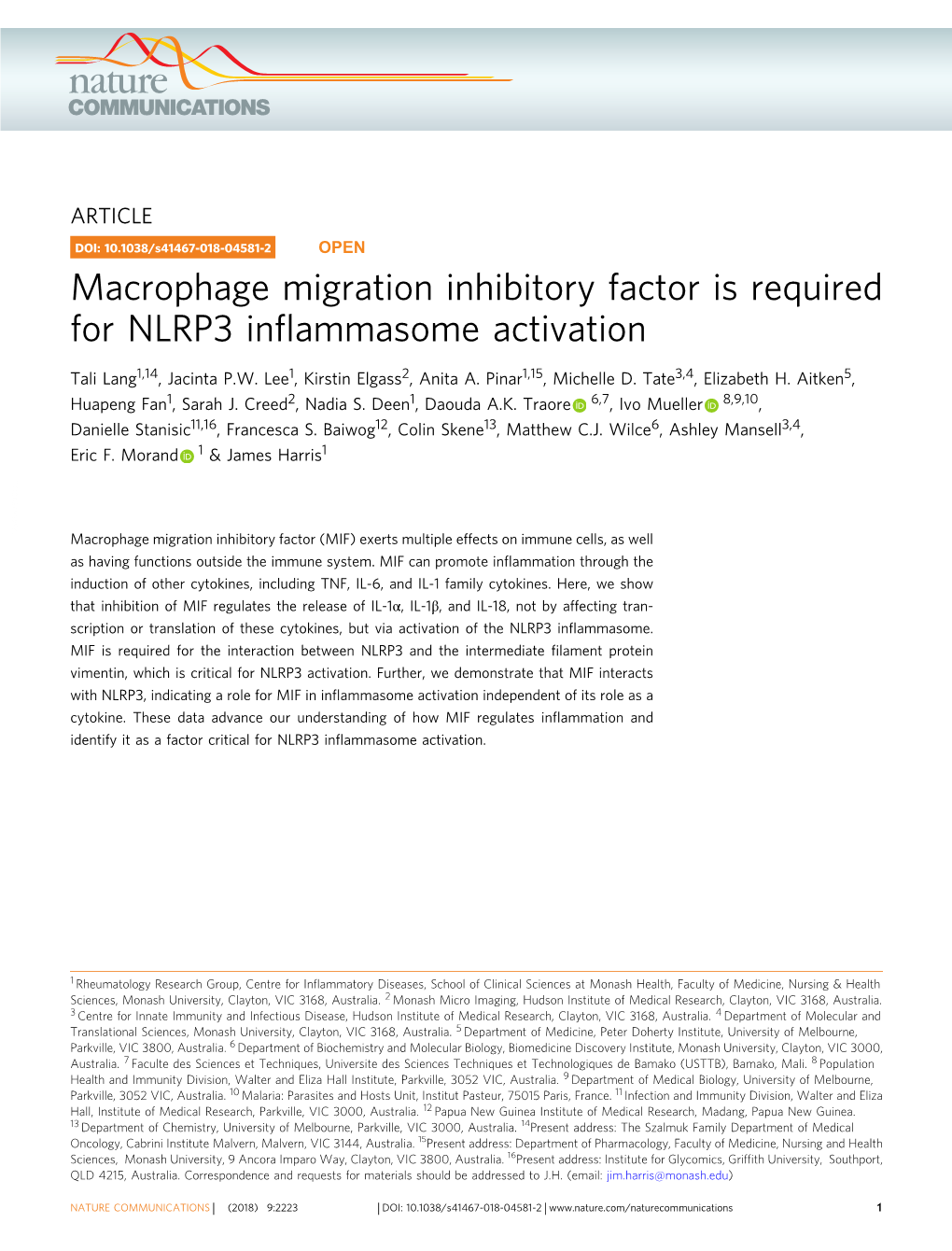 Macrophage Migration Inhibitory Factor Is Required for NLRP3 Inﬂammasome Activation