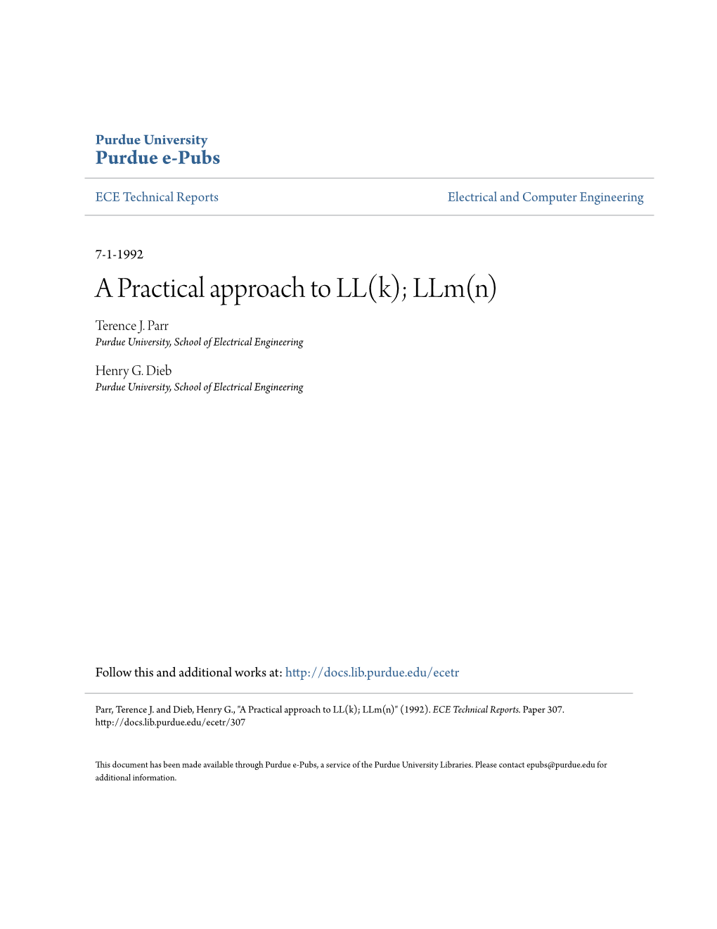 A Practical Approach to LL(K); Llm(N) Terence J