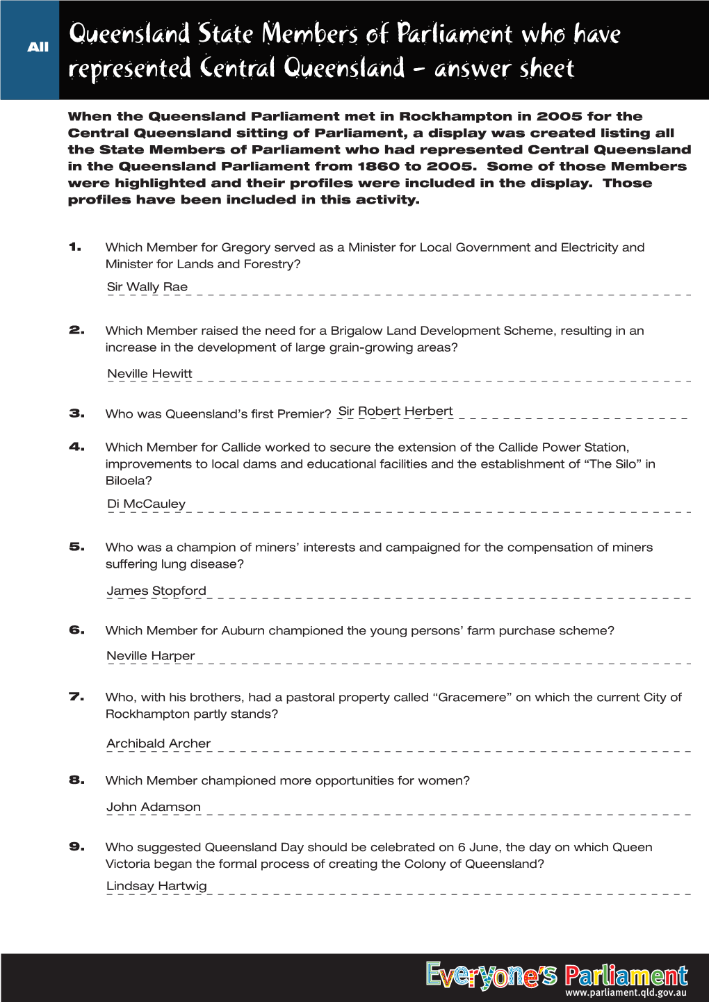 Queensland State Members of Parliament Who Have Represented Central Queensland - Answer Sheet