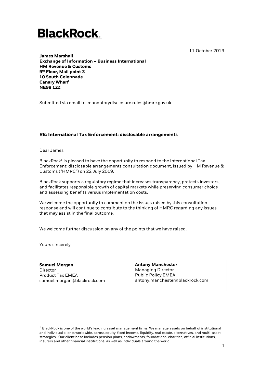 1 RE: International Tax Enforcement: Disclosable Arrangements