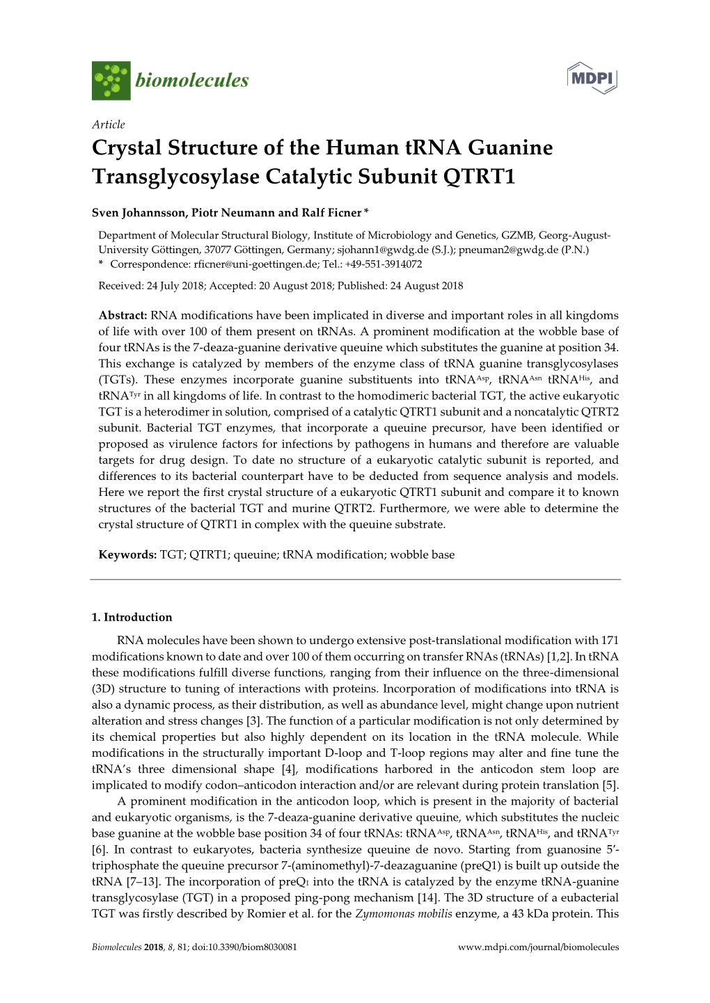 Crystal Structure of the Human Trna Guanine Transglycosylase Catalytic Subunit QTRT1