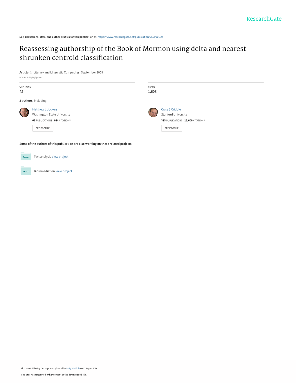 Reassessing Authorship of the Book of Mormon Using Delta and Nearest Shrunken Centroid Classification