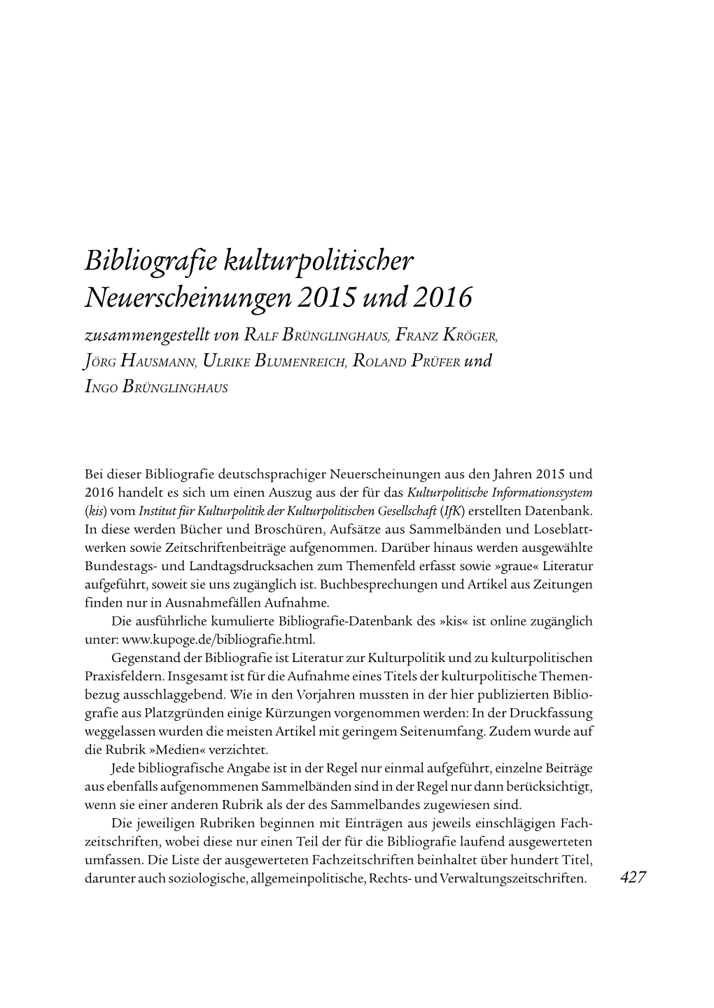 Bibliografie Kulturpolitischer Neuerscheinungen 2015 Und 2016