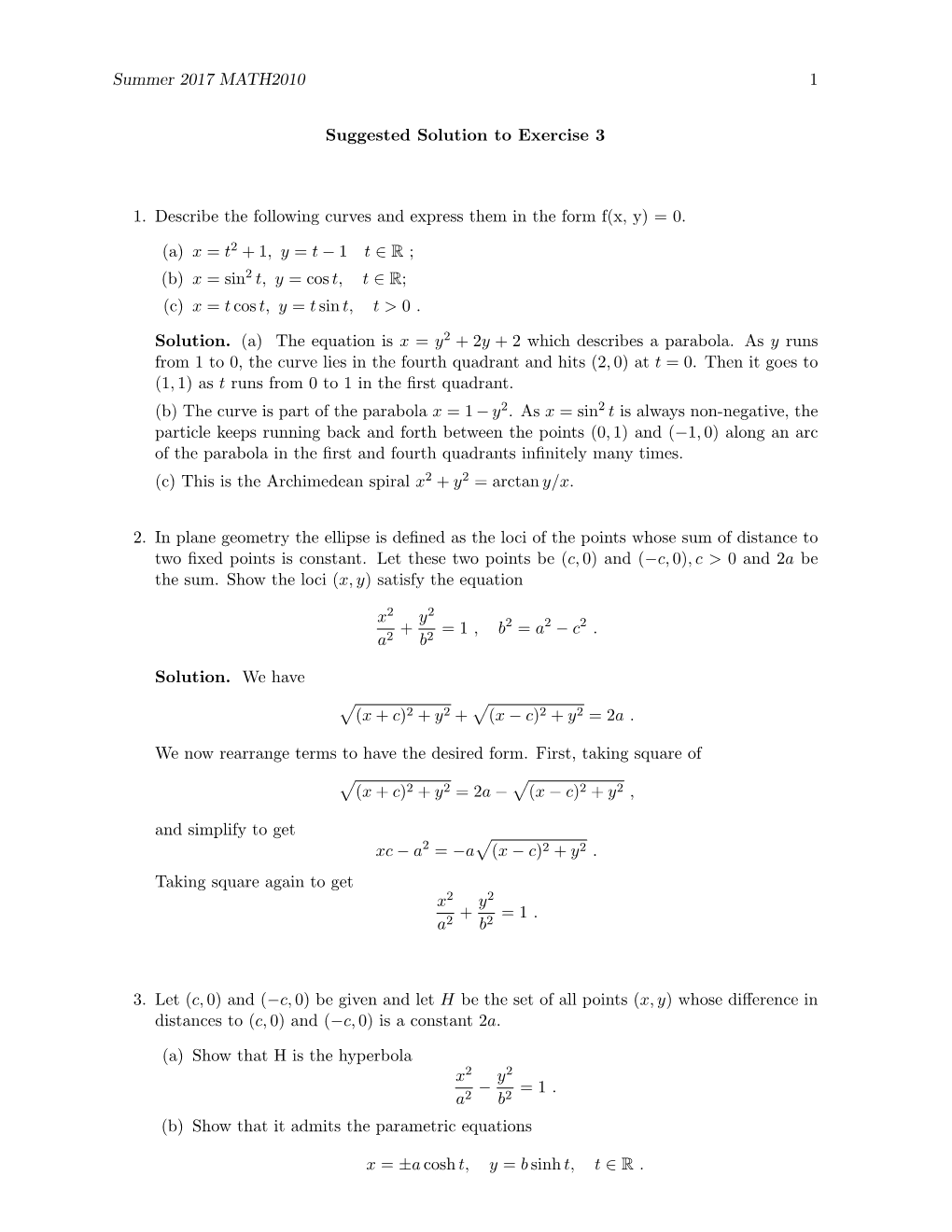 Summer 2017 MATH2010 1 Suggested Solution to Exercise 3 1