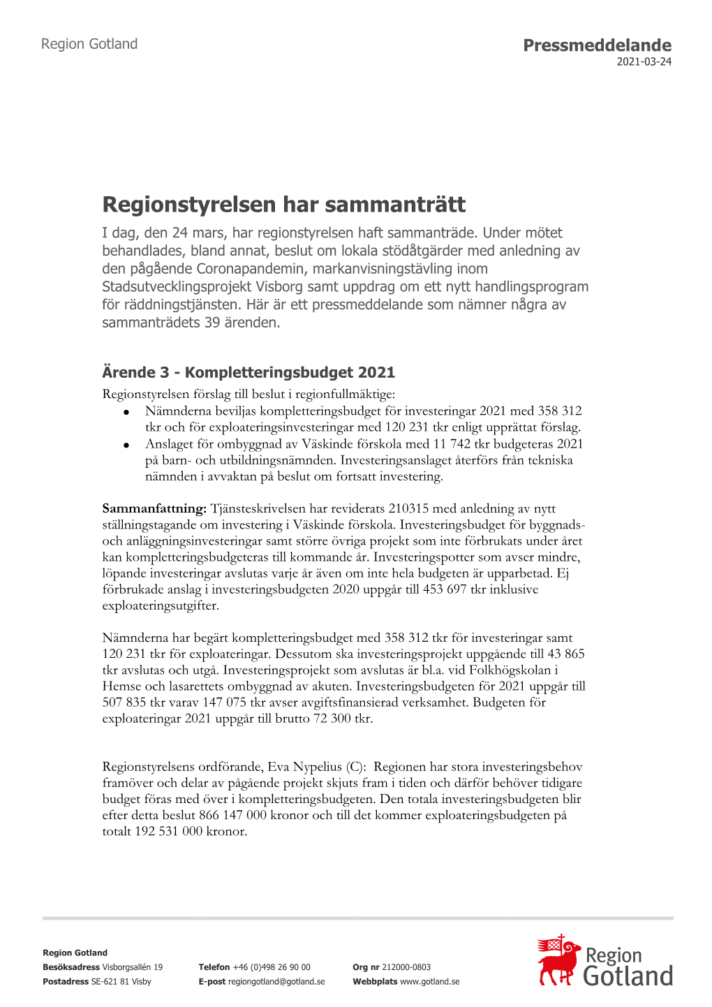 Sammanfattning Av Regionstyrelsens Möte 24 Mars 2021