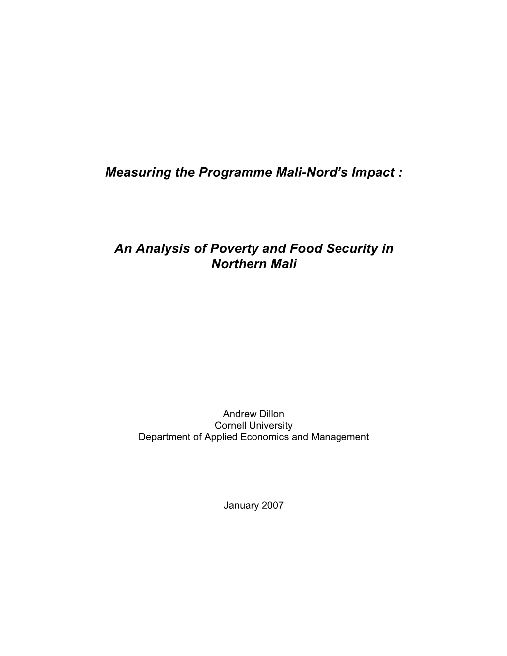 Measuring the Programme Mali-Nord's Impact : an Analysis Of