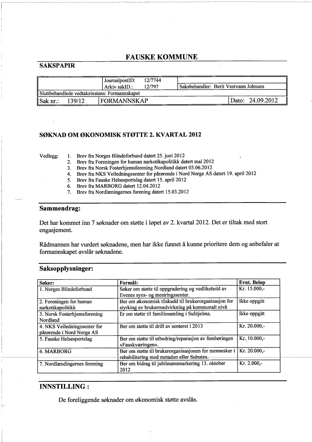 Fauske Kommune Innstilling