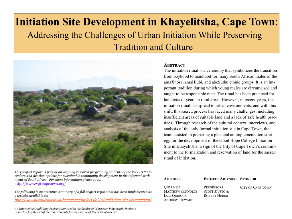 Initiation Site Development in Khayelitsha, Cape Town: Addressing the Challenges of Urban Initiation While Preserving Tradition and Culture
