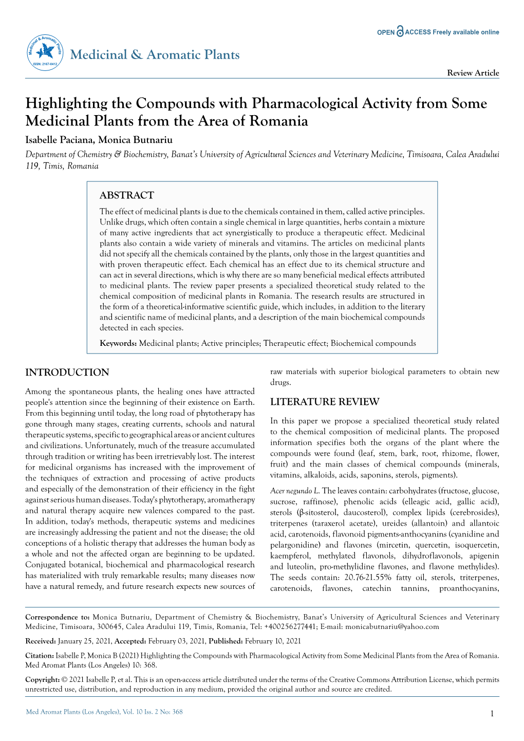 Highlighting the Compounds with Pharmacological Activity from Some Medicinal Plants from the Area of Romania