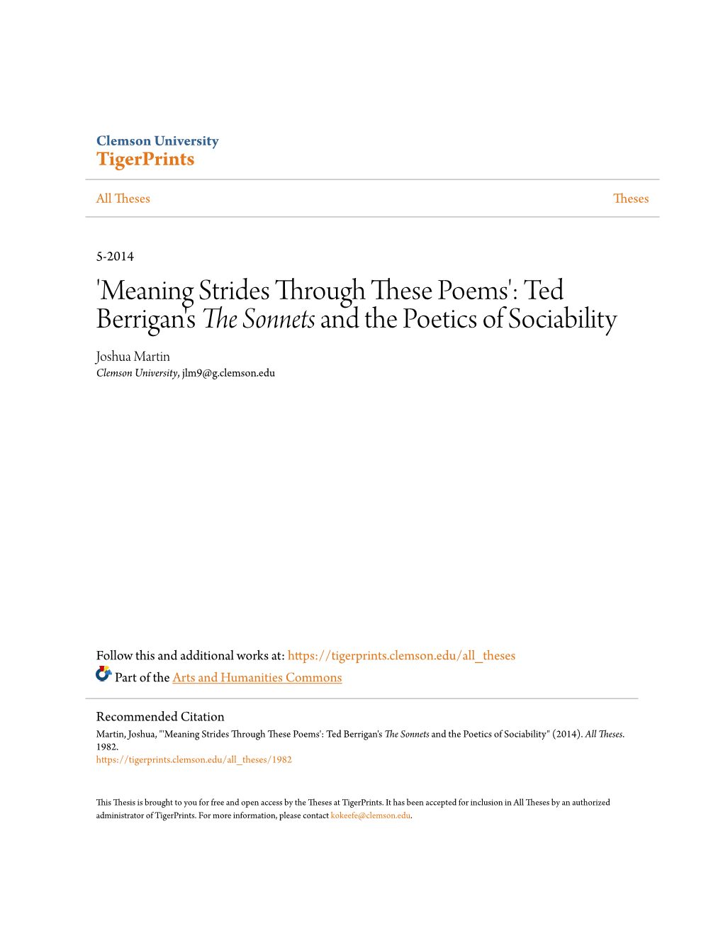 'Meaning Strides Through These Poems': Ted Berrigan's the Sonnets and the Poetics of Sociability" (2014)